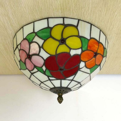 Stained Glass Floral Theme Ceiling Mount Light Living room Antique Style Flush Light in White