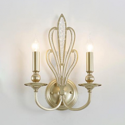 Traditional Candle Wall Lamp with Crystal Bead Metal 1/2 Bulbs Gold Sconce Lamp for Living Room