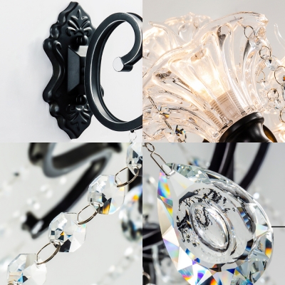 Traditional Flower Wall Light with Glamorous Crystal Metal 1/2 Lights Black Sconce Light for Bedside