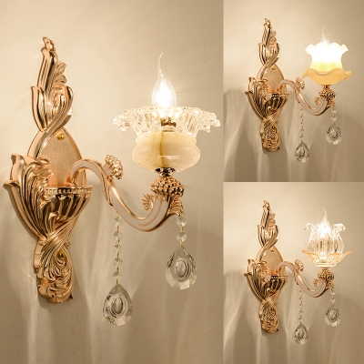 1 Light Petal Sconce Light with Striking Crystal Luxurious Style Metal Wall Lamp in Gold for Bathroom
