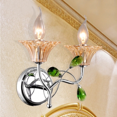 2 Lights Candle Sconce Lamp Traditional Metal Sconce Light in Chrome with Crystal for Hotel Corridor