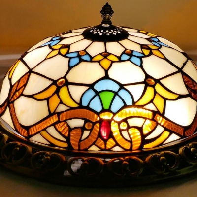 Domed Living Room Ceiling Light Stained Glass Tiffany Victorian Flush Mount Light in Blue/Yellow