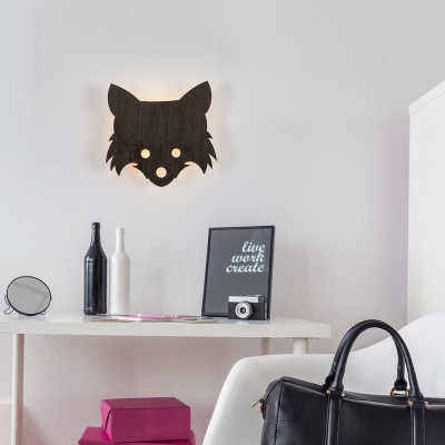 Fox Shaped Wall Light Cartoon Wood Dark Coffee LED Sconce Light with Warm/White Lighting for Living Room