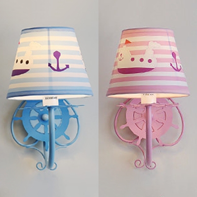 Nautical Style Rudder Wall Lamp with Stripe Shade 1 Light Metal Sconce Light in Blue/Pink for Game Room
