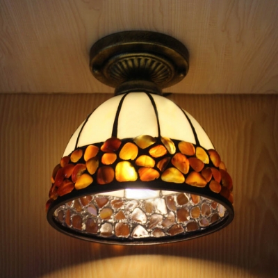 Corridor Kitchen Bowl Ceiling Mount Light Glass Stone 1 Head Classic Tiffany Flush Light