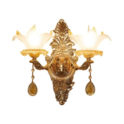 Glass Flower Wall Light with Teardrop Crystal Bathroom 1/2 Heads Elegant Wall Lamp in Gold