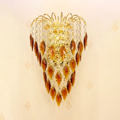 Gold Candle Wall Light with Amber/Blue Crystal Deco 2 Lights Glamorous Metal Wall Sconce for Cafe