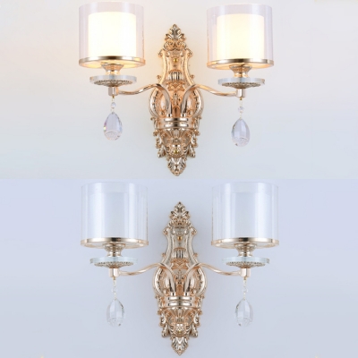 Gold Curved Body Wall Light 2 Lights Luxurious Metal Sconce Light with Cylinder Shade & Crystal for Hotel