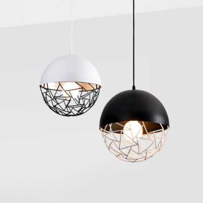 Metal Sphere Caged Pendant Lighting Contemporary 1 Light Hanging Lamp in Black/White