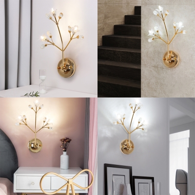 Modern Stylish Gold Wall Light Flower 3 Heads Metal Sconce Light with Striking Crystal for Bedroom