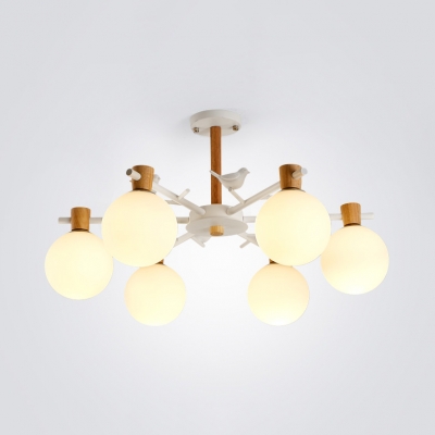 Opal Glass Orb Chandelier with Bird 3/6 Lights Nordic Style Pendant Light in White for Balcony