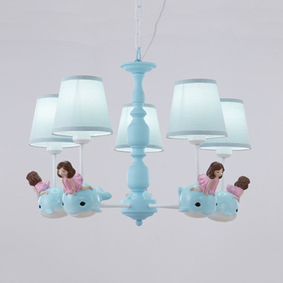Resin Girl&Dolphin Chandelier Child Bedroom 3/5 Heads Lovely Hanging Lamp in Blue/Pink
