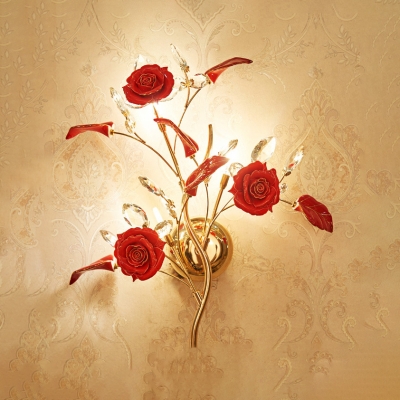 Rustic Style Flower Wall Sconce 3 Heads Ceramics Sconce Light in Red for Restaurant Hotel