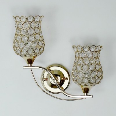 Stair Bedroom Bud Wall Lamp Metal 2 Heads Modern Style Gold Sconce Light with Crystal Beads