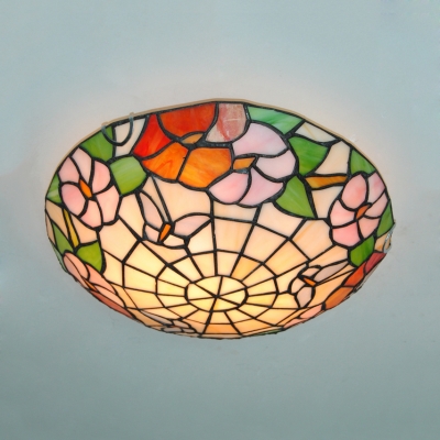Tiffany Butterfly Flower Flush Mount Light Stained Glass Beige Ceiling Lamp for Study Room
