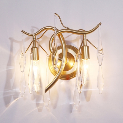 Twig Dining Room Wall Light Metal 2 Lights Contemporary Sconce Light with Teardrop Crystal in Gold