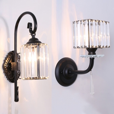 Villa Cylinder/Rectangle Wall Light Glittering Crystal 1 Head Traditional Black Wall Lamp
