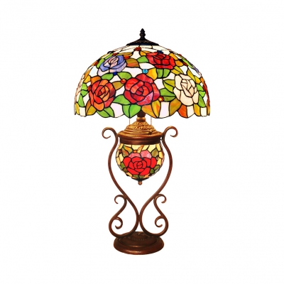 Stained Glass Flower/Grape Desk Light Living Room 3 Light Tiffany Rustic Table Lamp with Pull Chain
