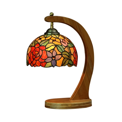 Stained Glass Floral Table Light Bedroom One Light Rustic Tiffany Desk Light with Wood Body