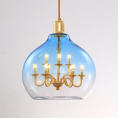 Metal Candle Pendant Lamp with Orb Shade 9 Lights Traditional Blue/Clear Chandelier for Living Room