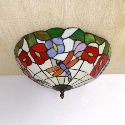 Dragonfly/Flower/Rose/Victorian Flush Mount Light 3 Lights Tiffany Stylish Stained Glass Ceiling Lamp for Hallway