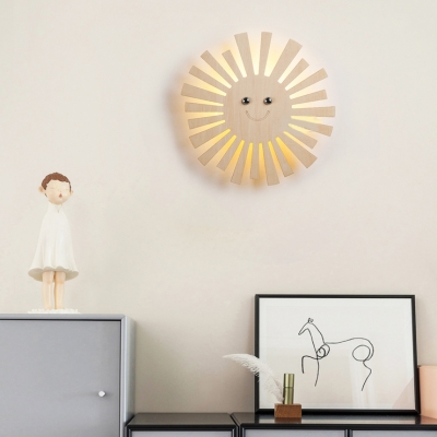 Cartoon Balloon/Sun Sconce Light Wood Beige LED Wall Lamp with Warm Lighting for Child Bedroom