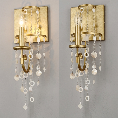 Antique Style Gold Sconce Light Candle 1 Head Metal Wall Light with Crystal Bead for Corridor