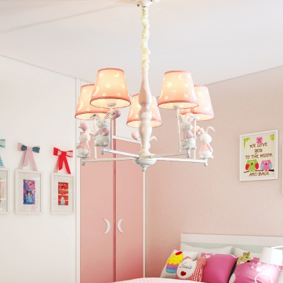 Blue/Pink Rabbit Chandelier 3/5/6 Heads Cartoon Metal Ceiling Pendant with Moon&Star for Kid Bedroom
