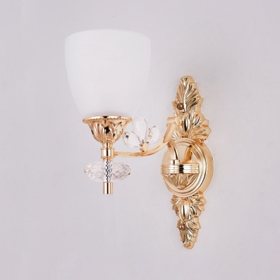 Classic Style Gold Wall Light with Crystal Leaf 1/2 Bulbs Frosted Glass Sconce Lamp for Hotel