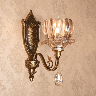 Classic Style Lotus Wall Light 1/2 Heads Metal & Striking Crystal Wall Lamp in Gold for Bedroom