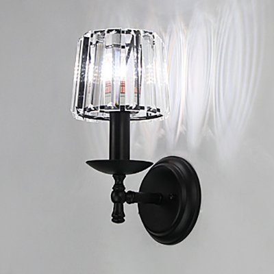 Cylinder Living Room Wall Sconce with Crystal Shade Metal 1 Bulb American Rustic Sconce in Black Finish