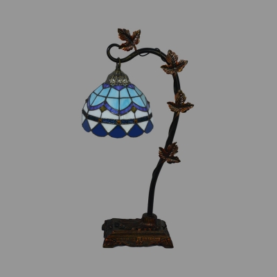 Dome Living Room Table Light with Leaf Arm Art Glass Tiffany Vintage Night Light in Beige/Blue/Green/Multi-Color