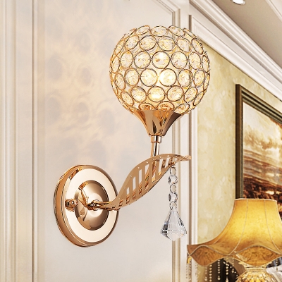 Elegant Style Globe Wall Light Metal One Light Gold Finish Wall Lamp with Crystal Bead for Bathroom