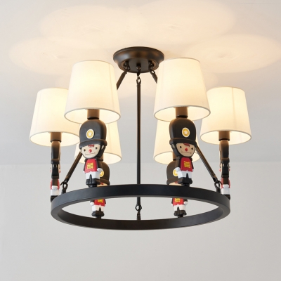 Fabric Plaid/White Shade Chandelier 6 Lights Creative Hanging Light with Soldier in Black
