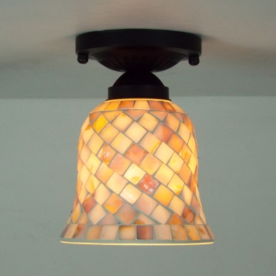 Glass Bell Shade Ceiling Light Bathroom Bedroom 1 Head Mosaic Flushmount Light in Beige
