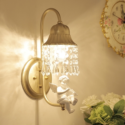 Living Room Bell Wall Lamp with Angel & Crystal Metal 1 Light Black/Gold Sconce Light