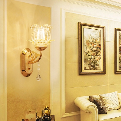 Luxurious Floral Sconce Light with Crystal Metal 1/2 Lights Gold Finish Wall Lamp for Stair