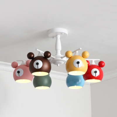 Nordic Style White Chandelier with Bear 3/6 Lights Metal Ceiling Light for Nursing Room