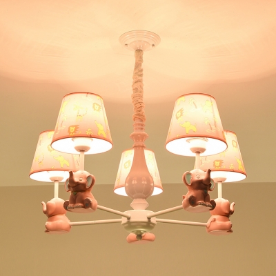 Resin Elephant Suspension Light with Tapered Shade 3/5/6/8 Lights Animal Chandelier in Pink