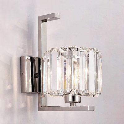 Single Light Drum Sconce Light Contemporary Metal & Clear Crystal Wall Light in Chrome for Hotel
