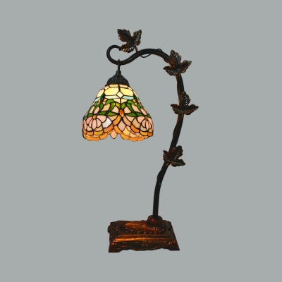 Stained Glass Floral Desk Light with Leaf Study Room 1 Head Rustic Tiffany Table Light