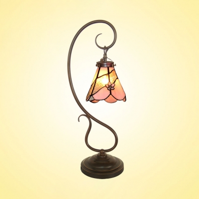 Conical Study Room Desk Light with Flower Art Glass 1 Light Tiffany Desk Lamp in Pink