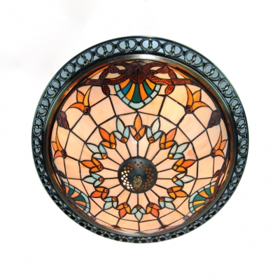 Tiffany Victorian Beige Ceiling Mount Light Bowl Shade 4 Lights Stained Glass Ceiling Fixture for Dining Room