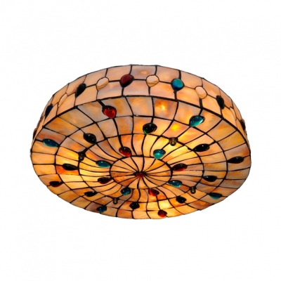 Beige Round Shaped Flush Ceiling Light Tiffany Classic Shell Ceiling Lamp with Bead for Bedroom