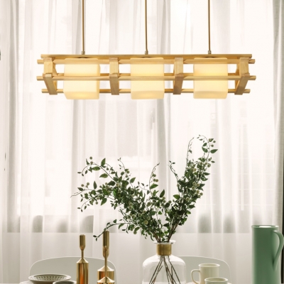 Asian Style White Island Lamp Cube Shade 3 Bulbs Opal Glass Wood Island Light for Restaurant