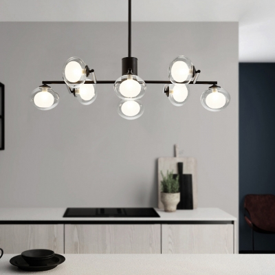 Contemporary Black/White Island Light Oval Shade 8/12 Bulbs Glass Island Pendant for Dining Room