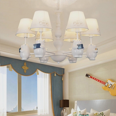 Animal Bear Ceiling Pendant Six Lights Resin Chandelier with Tapered Shade in White for Nursing Room
