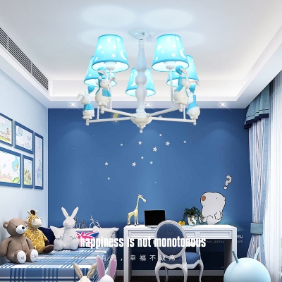 Blue/Pink Rabbit Chandelier 3/5/6 Heads Cartoon Metal Ceiling Pendant with Moon&Star for Kid Bedroom