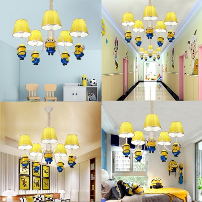 Cartoon Doll Hanging Light Metal 5 Lights Yellow Chandelier with Tapered Shade for Kid Bedroom