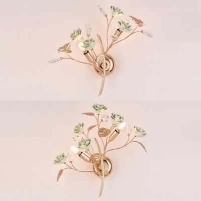 Ceramics Blossom Wall Lamp with Crystal Butterfly 2 Lights Pretty Sconce Light in Green/Pink/White